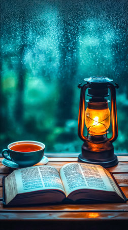 Cozy reading nook with vintage lantern and open book by a rainy window.の素材