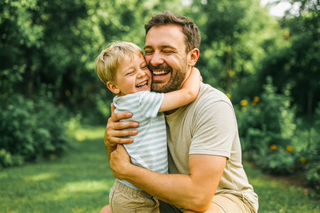 Heartwarming father and son hug in garden setting.の素材