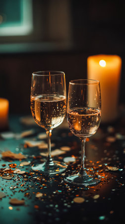 Cozy evening celebration with wine glasses and candles on a table.の素材