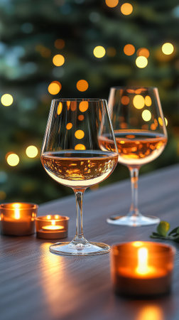 Elegant dinner table setup with candles and wine glasses for a festive celebration.の素材