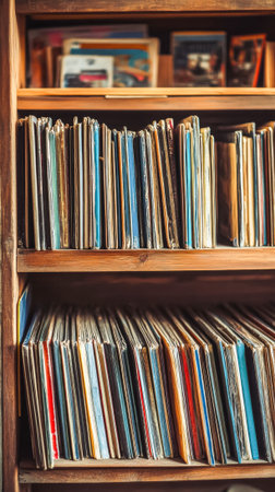 Vintage vinyl records collection on wooden shelf for music enthusiasts and retro decor.の素材