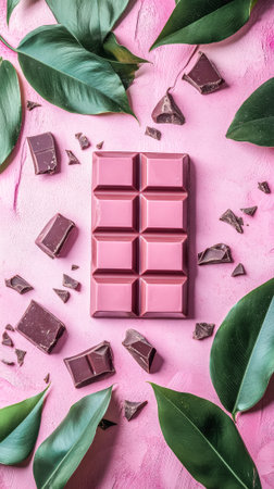 Gourmet pink chocolate bar with cocoa pieces on pastel background for confectionery design.の素材