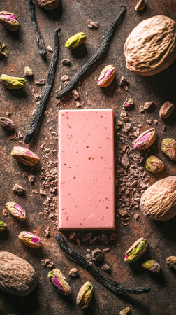 Pink chocolate bar with nuts and spices on rustic background.の素材