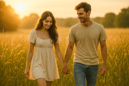 Romantic evening walk at sunset in the countryside.の素材