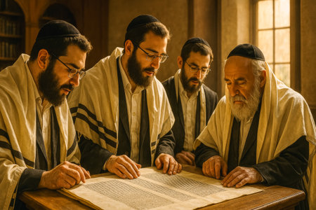 Shavuot celebration with torah reading in a warm traditional setting.の素材