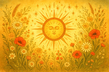 Solstice glow with radiant sun and floral harmony for nature-inspired designs.の素材