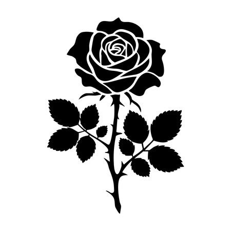 Vector black silhouette of a rose flower with stem isolated on a white background.のイラスト素材