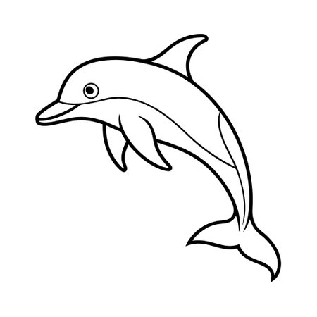 A playful, cartoon-style dolphin leaping, outlined in black ink on a white background.のイラスト素材