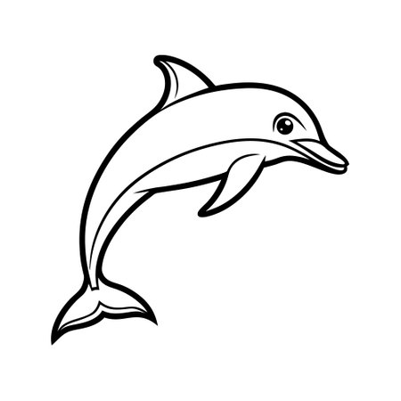 A simple, black outline drawing of a dolphin leaping out of the water.のイラスト素材