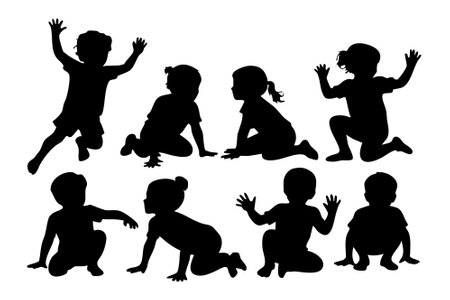 This image features a collection of toddler silhouettes in various playful poses. The silhouette style creates a striking visual, emphasizing the shapes and movement of the children against a clean white background.のイラスト素材