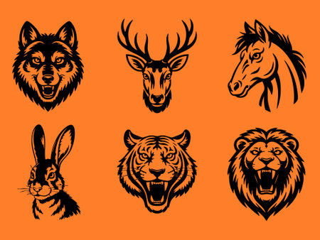 This image showcases a collection of six animal heads, including a wolf, deer, horse, rabbit, tiger, and lion, rendered in a striking black silhouette style against a vibrant orange backdrop. This image features animal, wildlife, head, wolf, deer.のイラスト素材