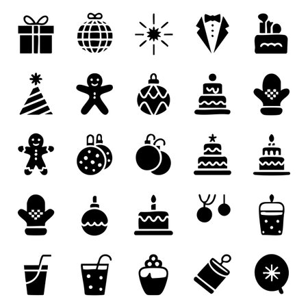A grid of black silhouette icons representing various celebration elements such as gifts, cakes, party hats, and drinks, perfect for festive designs.のイラスト素材