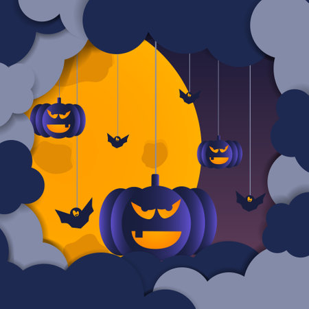 Dark clouds and bats with pumpkins on a string against a yellow moon. The shadow conveys the planarity of the illustration, and the contrasting colors convey brightness and an intiのイラスト素材
