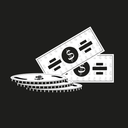 Monochrome icon of coins and banknotes on a black backgroundのイラスト素材