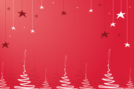 Christmas scarlet background with stylized Christmas trees and stars. Translucent circles in the background. Template for cards, invitations, typography. vectorのイラスト素材