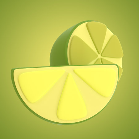 Pieces of green sour lime on a green background. Stylized illustration. 3D rendering.の写真素材