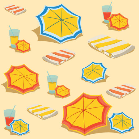 Seamless beach pattern. Beach umbrella and towel with drink in glass on sand. Flat design style. Summer background. Vector illustrationのイラスト素材