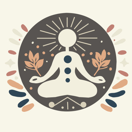 Round yoga illustration with plants and graphic elements. Concept of concentration, tranquility and harmony. Yogi in lotus pose icon. Colorfulのイラスト素材