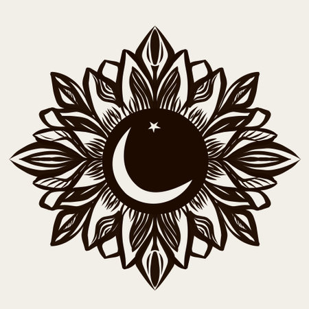 Round lotus illustration. A plant that conveys harmony and tranquility. Inside denotes moon and star. Black and whiteのイラスト素材