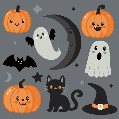 Set of vector illustrations for the scary Halloween holiday. Cute orange pumpkins, white ghosts, bat and black cat with a hat. For decoration. For stickers.のイラスト素材
