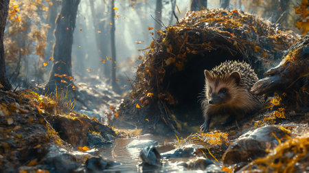 Sunny yellow autumn forest with a small clear river, mountain stones and a hedgehog in the sunlight. A large burrow covered with green and yellow grass. Illustration. horizontalの写真素材