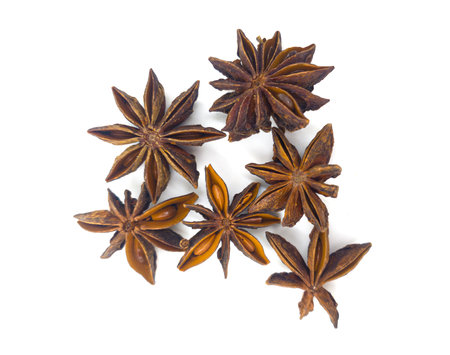 Close-up of star anise on a white background. A spice with stars and a rich flavor. Badian. For cooking blogs, recipes, articles about spices and spices, as well as in materials related to natural ingredients and healthy eating.の写真素材