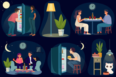 Vector set of night eating illustrations in EPS format. People enjoying late-night snacks in various scenarios. Ideal for food-related designs, lifestyle blogs, or social media.のイラスト素材