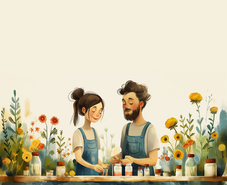 The illustration, created by artificial intelligence, depicts a young couple (a man and a woman) in aprons, engaged in painstaking work with plants and small bottles on the table.の素材