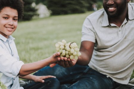 Father and son eat grapes on picnic in park. Parent and child relationship concept.の写真素材