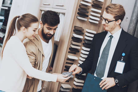 The seller shows a new material for repair.の写真素材