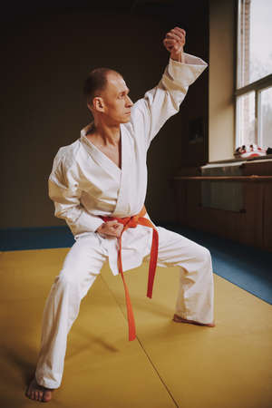A man puts block while standing in karate stance.の写真素材