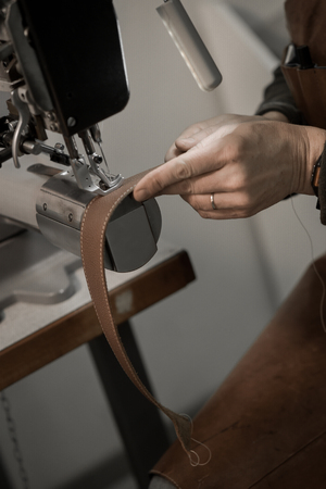 Trunk Maker at work in his luxury leather workshop, Franceの写真素材