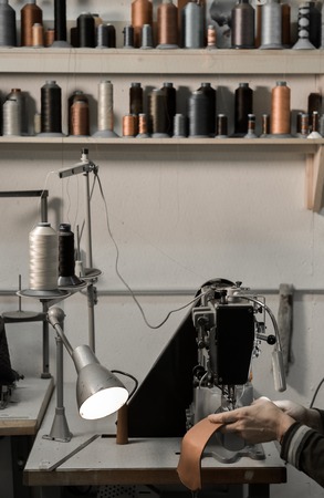 Trunk Maker at work in his luxury leather workshop, Franceの写真素材