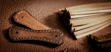 Trunk Maker at work in his luxury leather workshop, Franceの写真素材