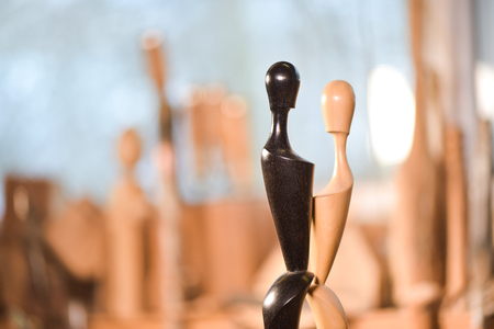Woodturners using a rotating clamp to turn the wood, Franceの写真素材