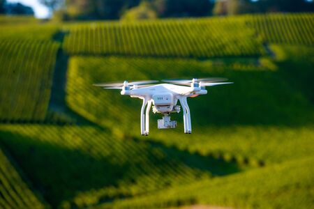 Flying utility drone over wineyard Champagne France