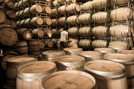 Winemaker barrels moving up or down by rolling on the ground in a large storage cellar, Bordeaux Vineyard, Franceの写真素材