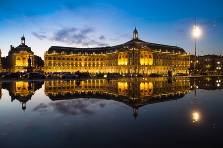 Bordeaux, France, Illuminated Reflection In Water At Place De La Bourse Against Skyの写真素材