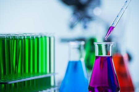 Pipetting coloured liquid into Beaker, Chemical, Science, Laboratory, Test Tube, Laboratory Equipmentの写真素材