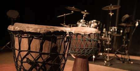 Traditional wooden african djembe drum on stage, Franceの写真素材