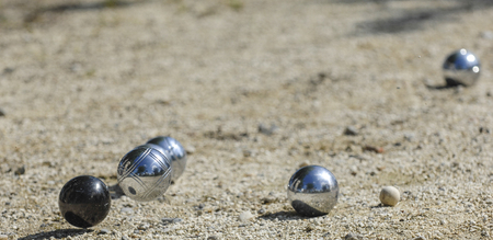 Metallic petanque three balls and a small wood jack, Franceの写真素材