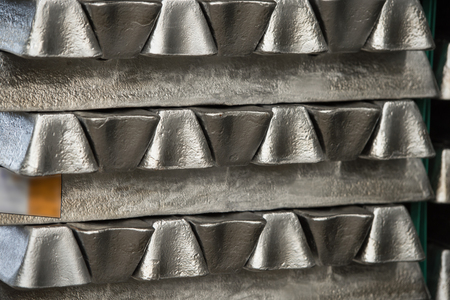 Stack of raw aluminum ingots in aluminum profiles factory, Franceの写真素材