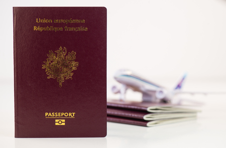 French passports on map and plane backgroundの写真素材