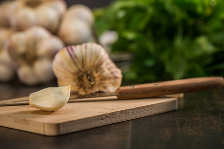 Garlic Cloves and Garlic Bulb on vintage wood background, Franceの写真素材