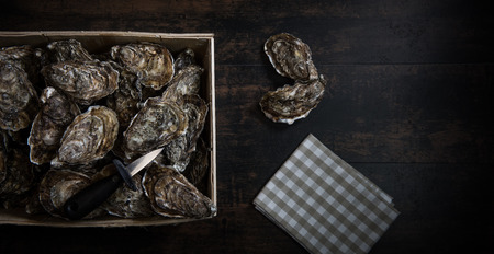 Raw oysters with lemon on wood board and bottle of wine and glass, Franceの写真素材