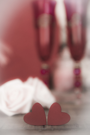 Happy valentine day hearts on wooden background, greeting card love concept, Flowers, Bouquet of Rosesの写真素材