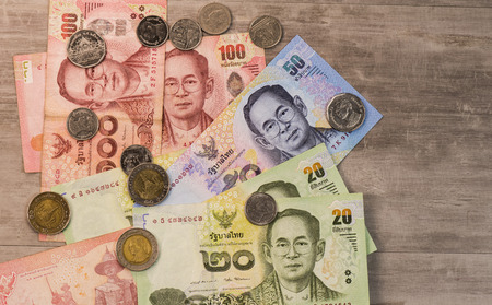 Thai money banknotes closeup background, Thailand money for business, Coins