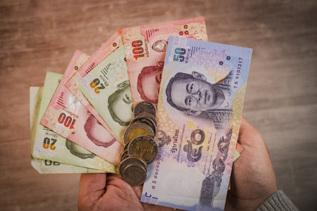 Thai money banknotes closeup background, Thailand money for business, Coins