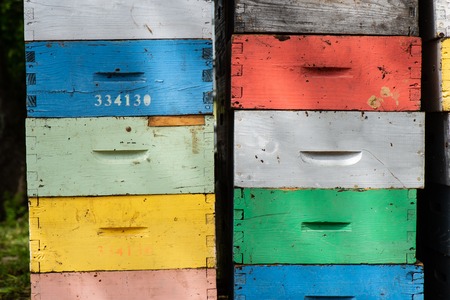 Beekeeping boxes stacked and ready to be transported, Franceの写真素材
