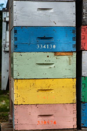 Beekeeping boxes stacked and ready to be transported, Franceの写真素材